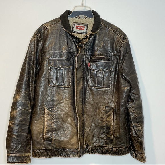 Men's Faux-Leather Trucker Jacket Sherpa Lining XL